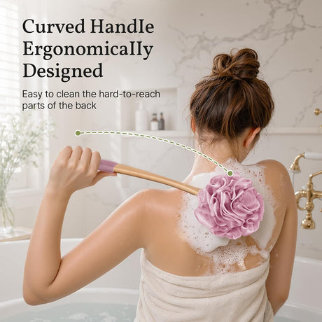 AmazerBath Loofah Back Scrubber with Wooden Handle in Pink, product detail image highlighting the design and key features.