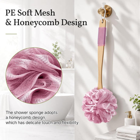 AmazerBath Loofah Back Scrubber with Wooden Handle in Pink, product detail image highlighting the design and key features.