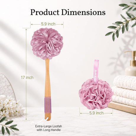 AmazerBath Loofah Back Scrubber with Wooden Handle in Pink, product detail image highlighting the design and key features.