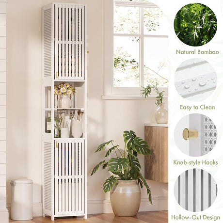 AmazerBath White slim bamboo storage cabinet, product gallery image showing design details and features.