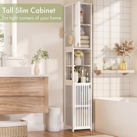 AmazerBath White slim bamboo storage cabinet, product gallery image showing design details and features.
