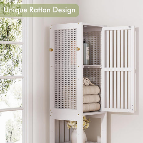 AmazerBath White slim bamboo storage cabinet, product gallery image showing design details and features.