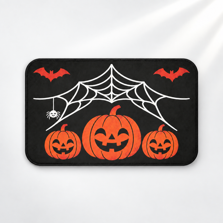 Spiderweb Halloween bath mat with jack-o'-lanterns and flying bats on a light gray background