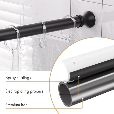 Close-up of the AmazerBath black tension shower curtain rod with sealed coating and durable metal pipe.