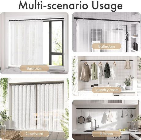 AmazerBath black tension shower curtain rod used for shower, window, wardrobe, and room divider spaces.
