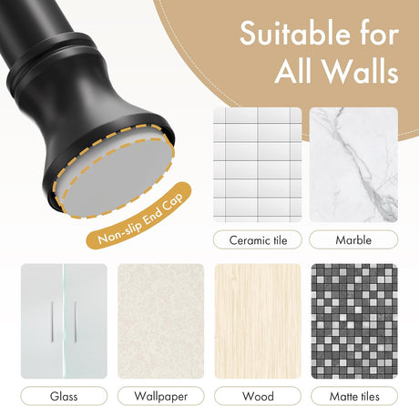 AmazerBath black spring tension shower curtain rod with a non-slip end cap for multiple wall surfaces.
