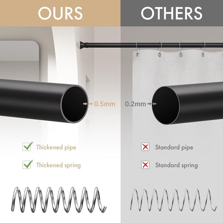 AmazerBath black tension shower curtain rod compared with standard rods, showing a thicker pipe and spring.