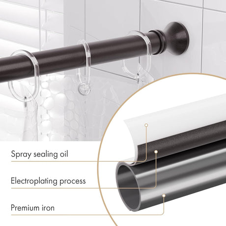 Close-up of the AmazerBath bronze tension shower curtain rod with sealed coating and durable metal pipe.
