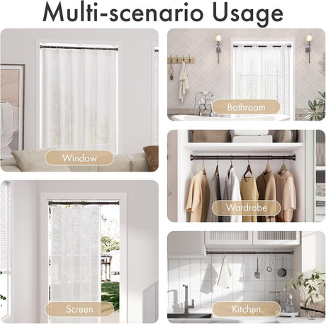 AmazerBath bronze tension shower curtain rod used for shower, window, wardrobe, and room divider spaces.