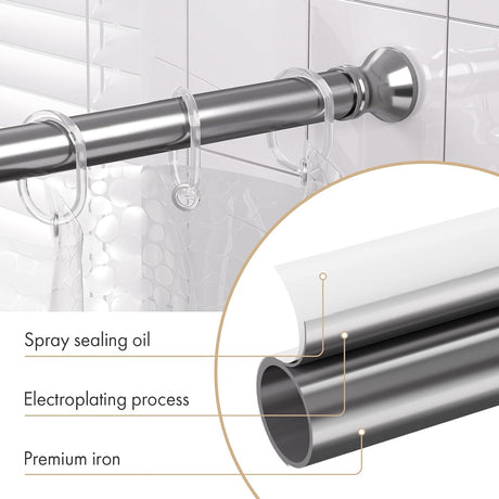 Close-up of the AmazerBath chrome tension shower curtain rod with sealed coating and durable metal pipe.