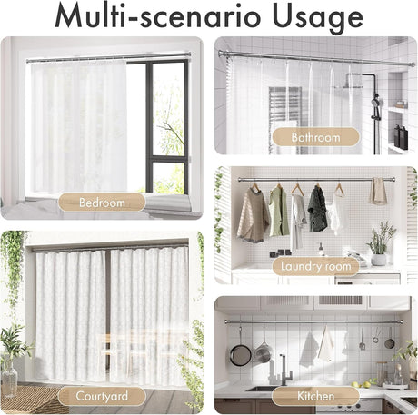 AmazerBath chrome tension shower curtain rod used for shower, window, wardrobe, and room divider spaces.