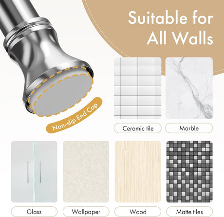 AmazerBath chrome spring tension shower curtain rod with a non-slip end cap for multiple wall surfaces.