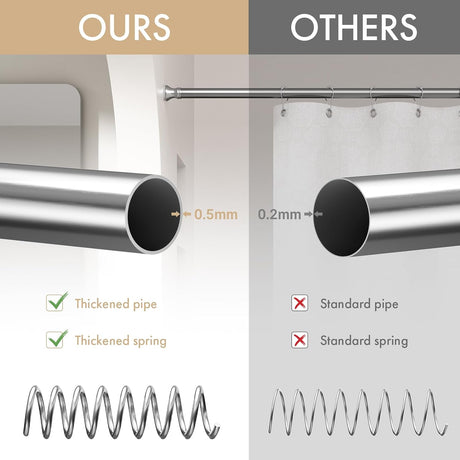 AmazerBath chrome tension shower curtain rod compared with standard rods, showing a thicker pipe and spring.
