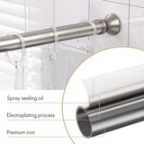 AmazerBath nickel tension shower curtain rod used for shower, window, wardrobe, and room divider spaces.