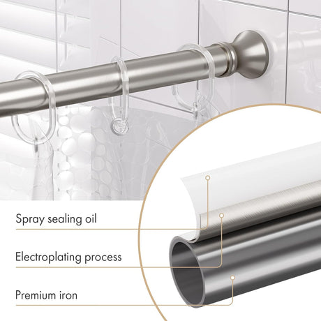 AmazerBath nickel tension shower curtain rod used for shower, window, wardrobe, and room divider spaces.