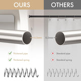 AmazerBath nickel tension shower curtain rod compared with standard rods, showing a thicker pipe and spring.