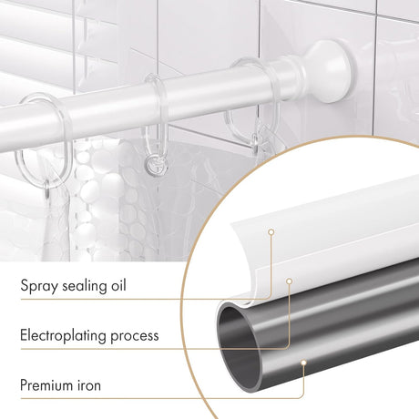 Close-up of the AmazerBath white tension shower curtain rod with sealed coating and durable metal pipe.