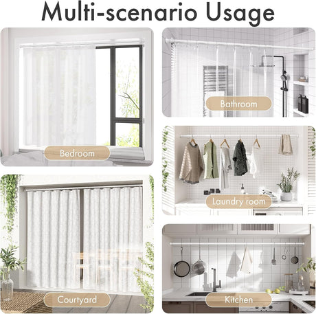 AmazerBath white tension shower curtain rod used for shower, window, wardrobe, and room divider spaces.