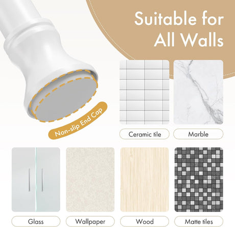 AmazerBath white spring tension shower curtain rod with a non-slip end cap for multiple wall surfaces.