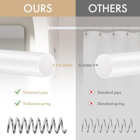AmazerBath white tension shower curtain rod compared with standard rods, showing a thicker pipe and spring.
