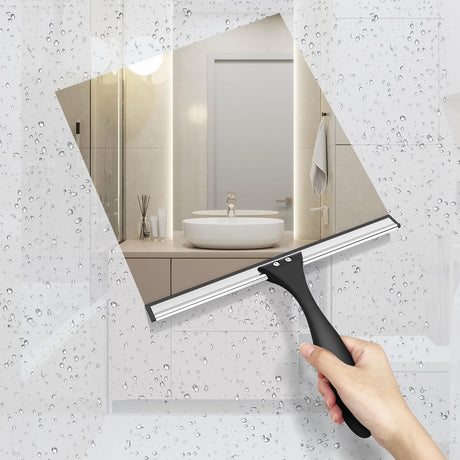 AmazerBath Shower Squeegee with Hook for Glass Doors and Windows in Black, product detail image.