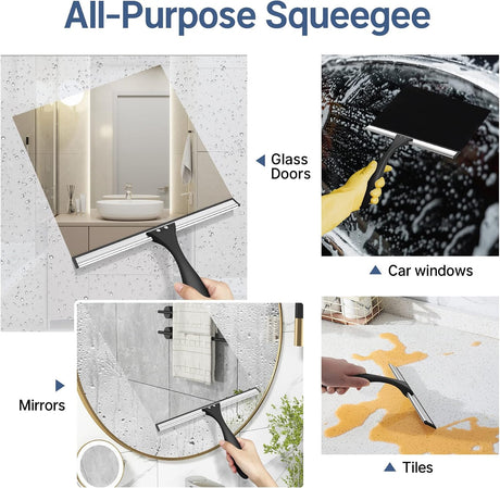AmazerBath Shower Squeegee with Hook for Glass Doors and Windows in Black, product detail image.