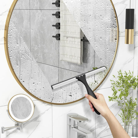 AmazerBath Shower Squeegee with Hook for Glass Doors and Windows in Black, product detail image.