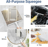AmazerBath clear shower squeegee shown cleaning glass doors, car windows, mirrors, and tile.