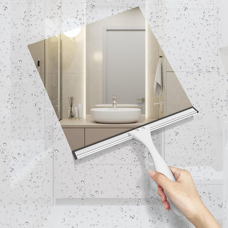 AmazerBath Shower Squeegee with Hook for Glass Doors and Windows in White, product detail image.
