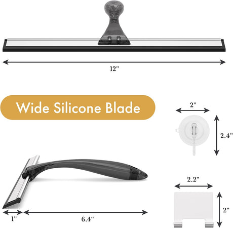 AmazerBath Shower Squeegee with Hook and Suction Cup in Clear Black, product detail image.