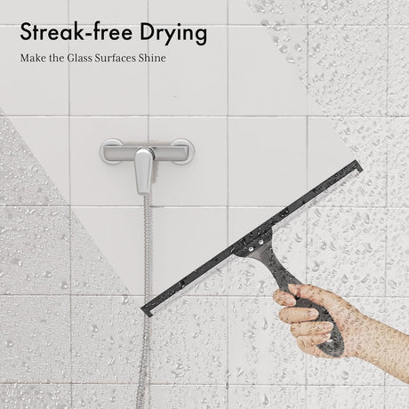 AmazerBath Shower Squeegee with Hook and Suction Cup in Clear Black, product detail image.