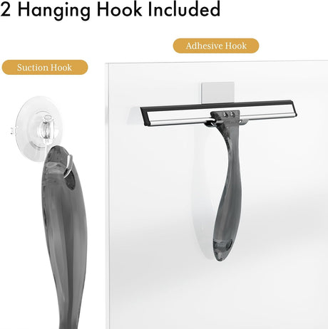AmazerBath Shower Squeegee with Hook and Suction Cup in Clear Black, product detail image.