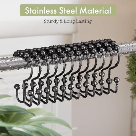 AmazerBath Stainless Steel Double Shower Curtain Hooks, Set of 12 in Black, product detail and key features.