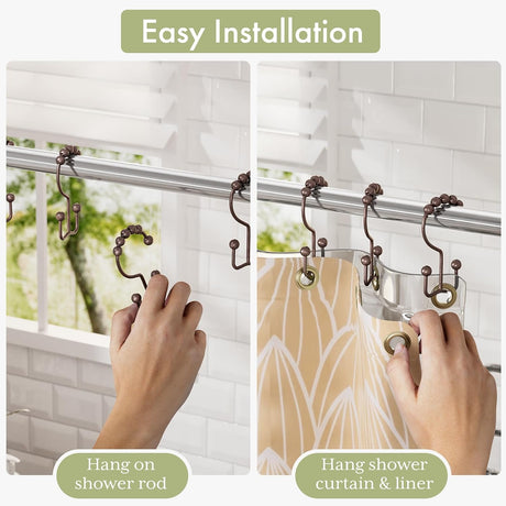 AmazerBath Stainless Steel Double Shower Curtain Hooks, Set of 12 in Bronze, product detail and key features.