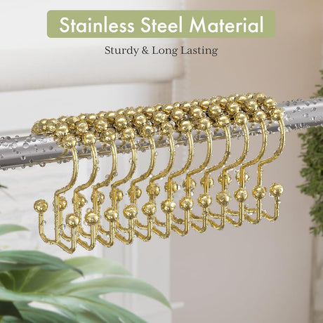 AmazerBath Stainless Steel Double Shower Curtain Hooks, Set of 12 in Gold, product detail and key features.