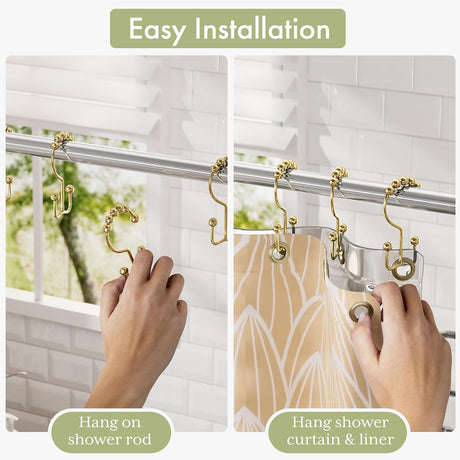 AmazerBath Stainless Steel Double Shower Curtain Hooks, Set of 12 in Gold, product detail and key features.