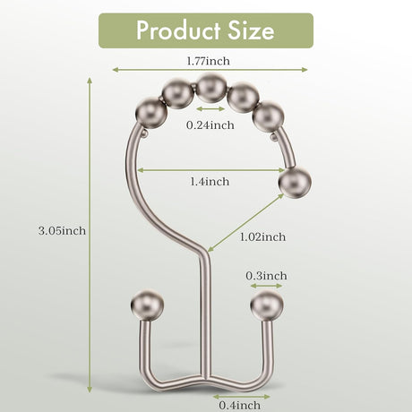 AmazerBath Stainless Steel Double Shower Curtain Hooks, Set of 12 in Nickel, product detail and key features.