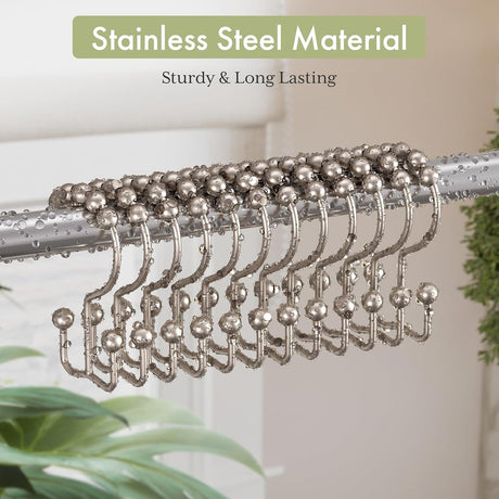 AmazerBath Stainless Steel Double Shower Curtain Hooks, Set of 12 in Nickel, product detail and key features.