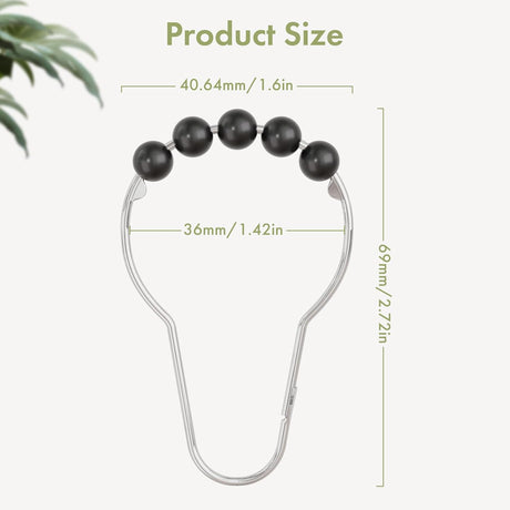 AmazerBath Black stainless steel shower curtain rings with product dimensions
