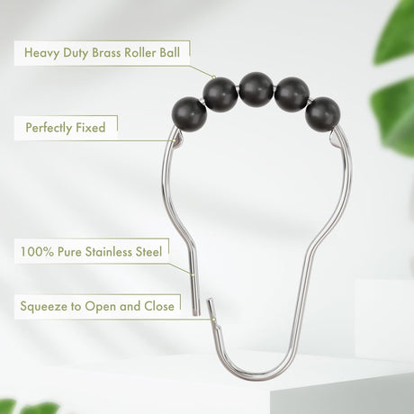 AmazerBath Black stainless steel shower curtain rings with roller ball and secure clasp details
