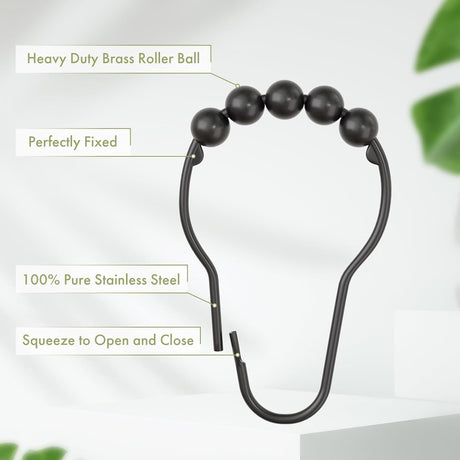 AmazerBath Matte Black stainless steel shower curtain rings with roller ball and secure clasp details