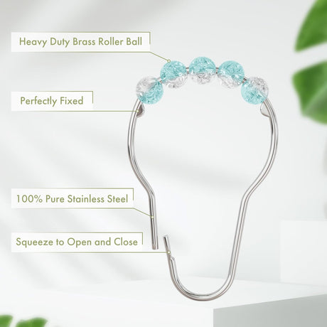 AmazerBath Ice Blue stainless steel shower curtain rings with roller ball and secure clasp details