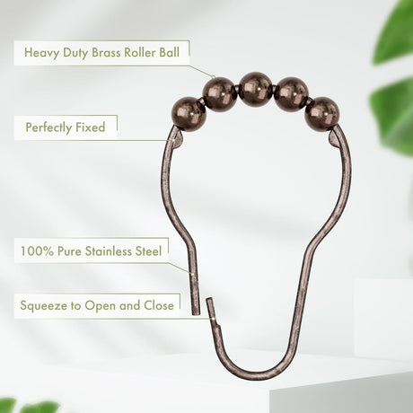 AmazerBath Bronze stainless steel shower curtain rings with roller ball and secure clasp details