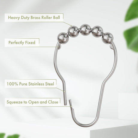 AmazerBath Chrome stainless steel shower curtain rings with roller ball and secure clasp details