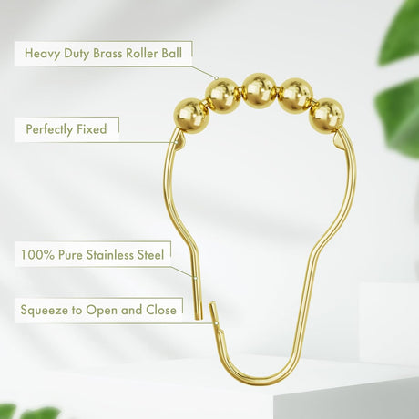 AmazerBath Gold stainless steel shower curtain rings with roller ball and secure clasp details