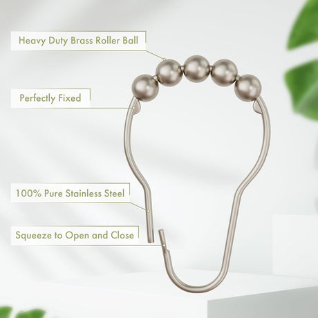 AmazerBath Matte Nickel stainless steel shower curtain rings with roller ball and secure clasp details