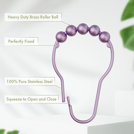 AmazerBath Purple stainless steel shower curtain rings with roller ball and secure clasp details