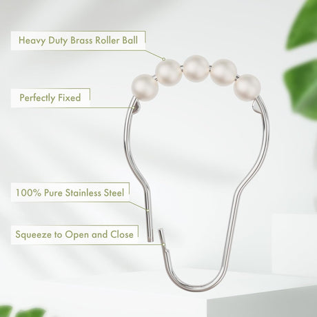 AmazerBath Cream stainless steel shower curtain rings with roller ball and secure clasp details