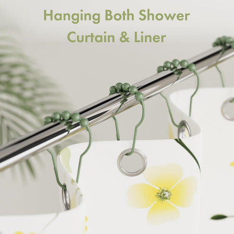 AmazerBath Sage Green stainless steel shower curtain rings with holding a shower curtain and liner