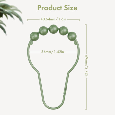 AmazerBath Sage Green stainless steel shower curtain rings with product dimensions